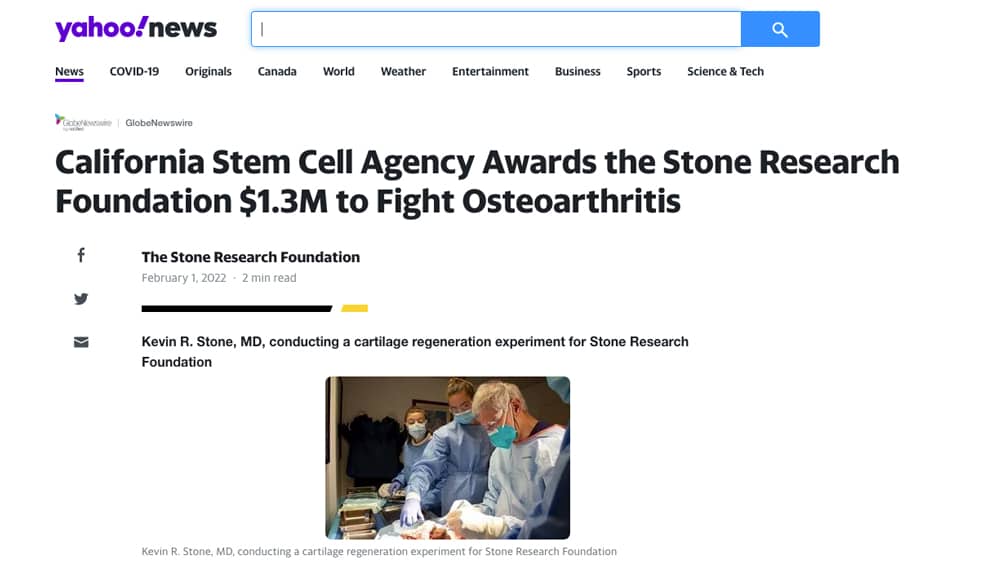 Stone Research Foundation CIRM Grant Award Yahoo News!